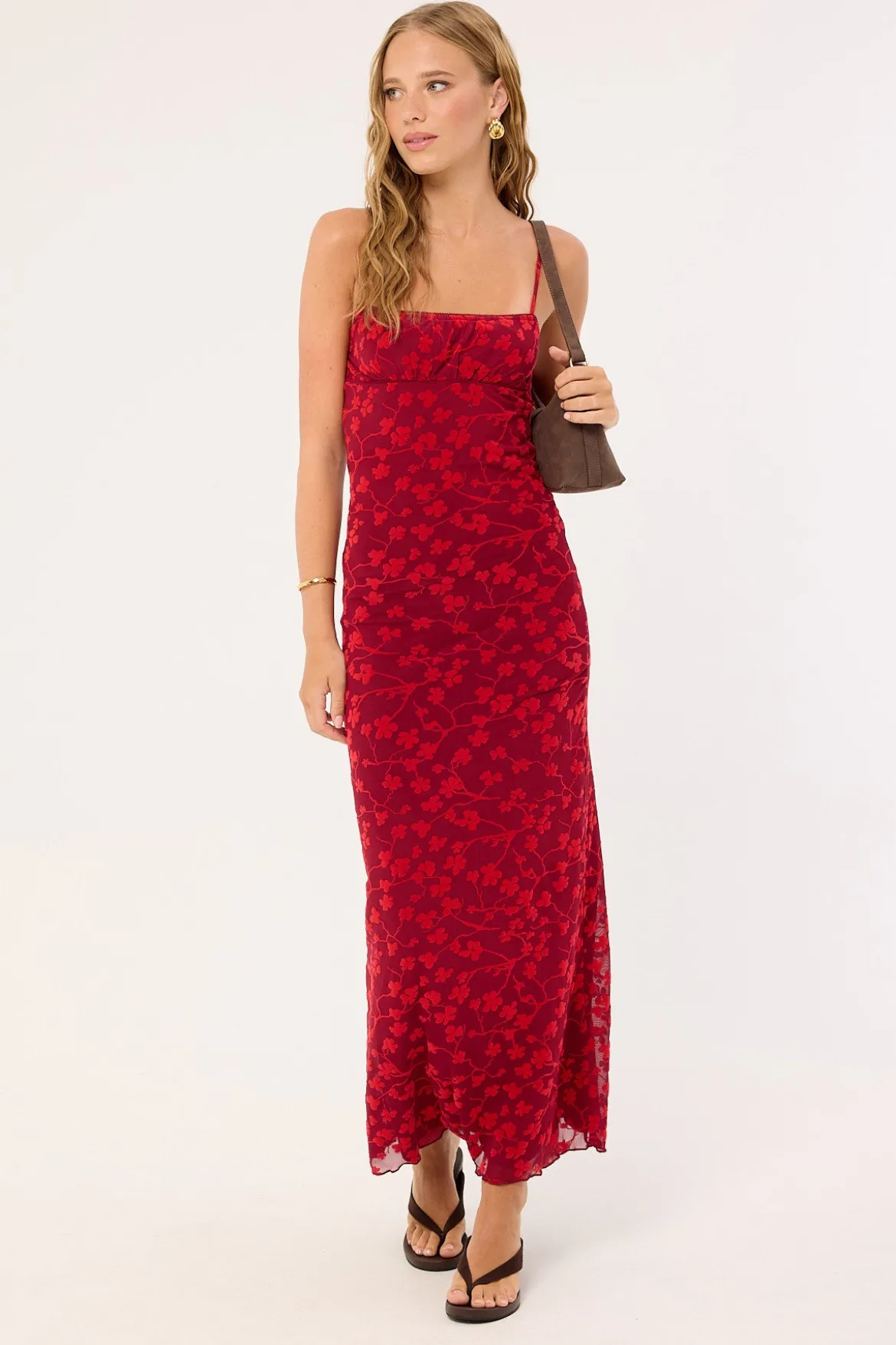 Darsih Cami Maxi Dress Red Grunge Floral Flock