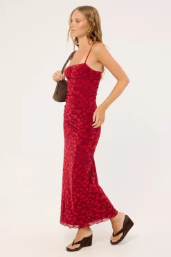 Darsih Cami Maxi Dress Red Grunge Floral Flock
