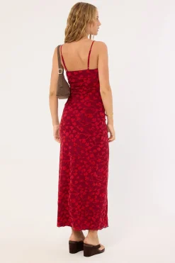 Darsih Cami Maxi Dress Red Grunge Floral Flock