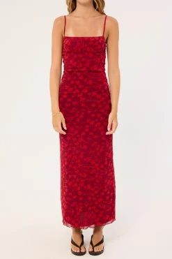 Darsih Cami Maxi Dress Red Grunge Floral Flock
