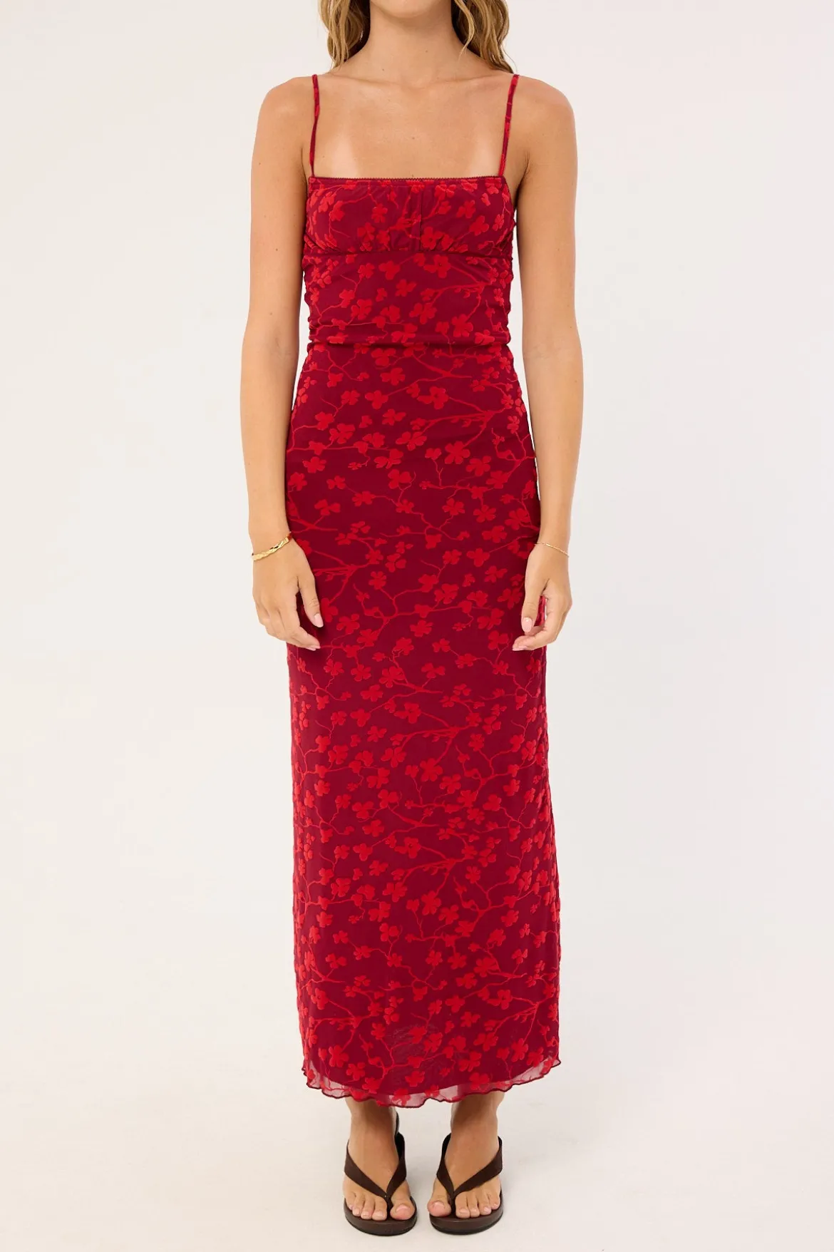 Darsih Cami Maxi Dress Red Grunge Floral Flock