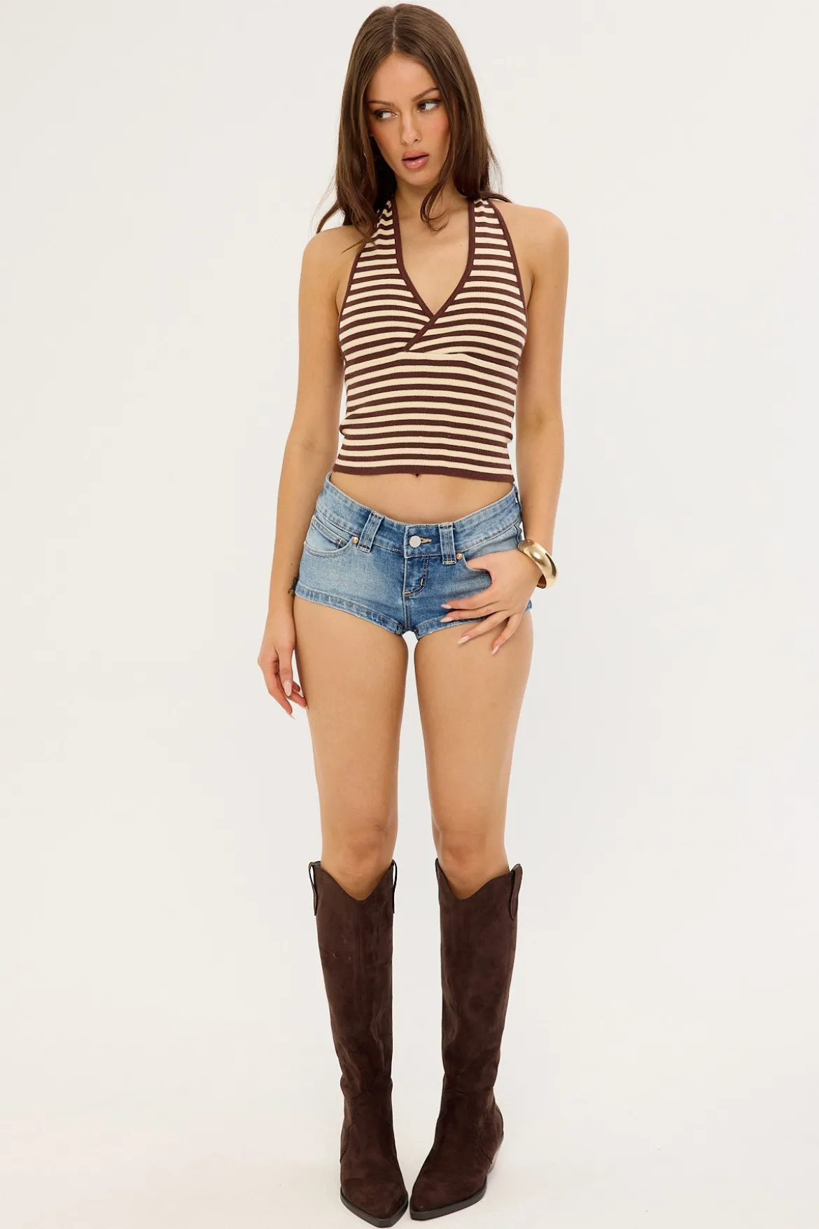 Dayna Knit Halter Top Butter Cream Stripe