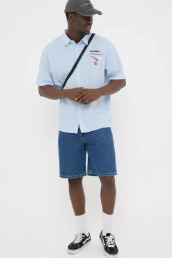 Decal Check Oversize Short Sleeve Shirt Blue