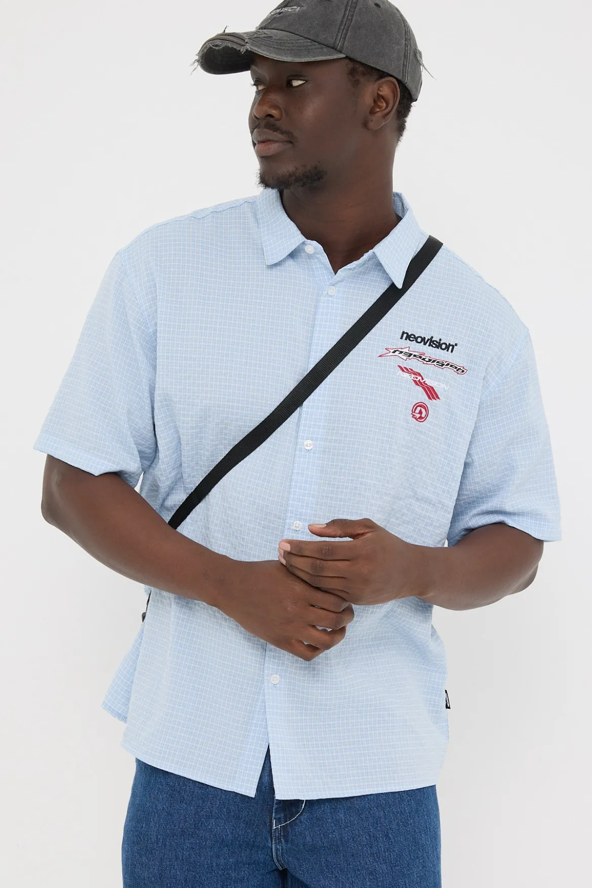 Decal Check Oversize Short Sleeve Shirt Blue