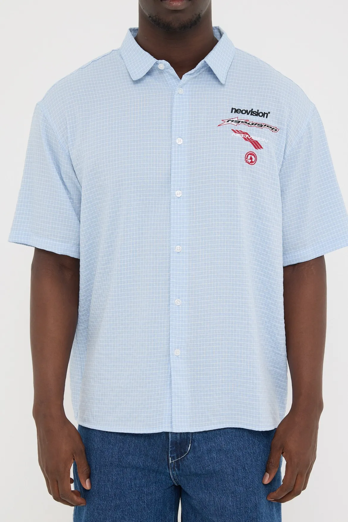 Decal Check Oversize Short Sleeve Shirt Blue