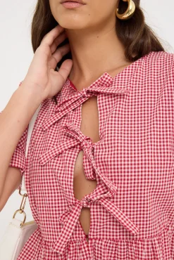 Delilah Tie Front Short Sleeve Blouse Red Print