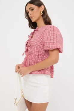 Delilah Tie Front Short Sleeve Blouse Red Print