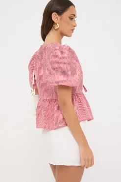 Delilah Tie Front Short Sleeve Blouse Red Print