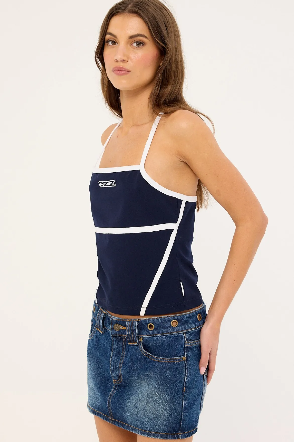 Demi Queen Fitted Cami Top Navy Blue & White