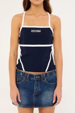Demi Queen Fitted Cami Top Navy Blue & White