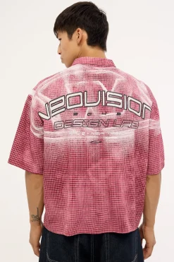 Distortion Oversize Cropped Shirt Washed Red/White Check