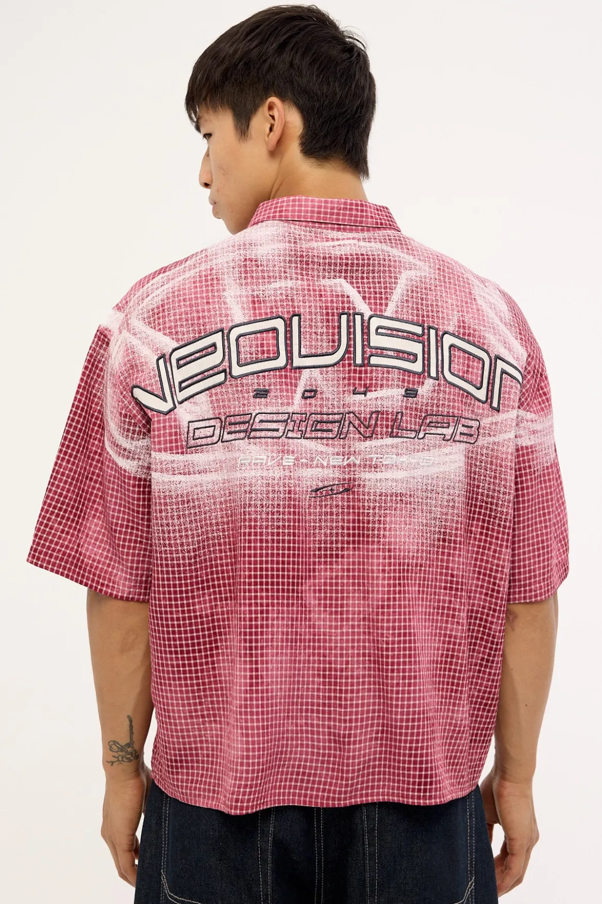 Distortion Oversize Cropped Shirt Washed Red/White Check