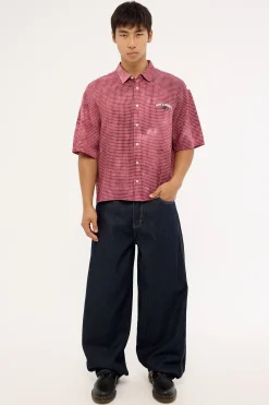Distortion Oversize Cropped Shirt Washed Red/White Check