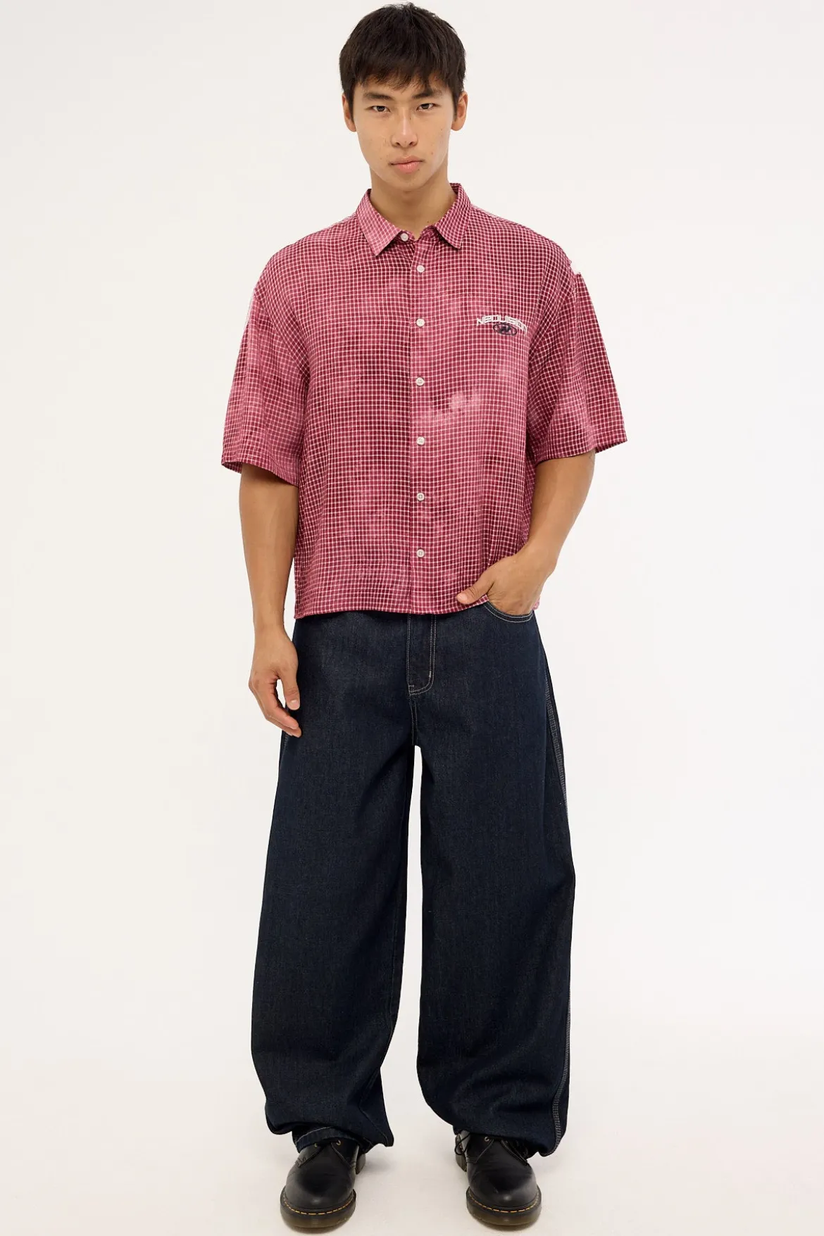 Distortion Oversize Cropped Shirt Washed Red/White Check
