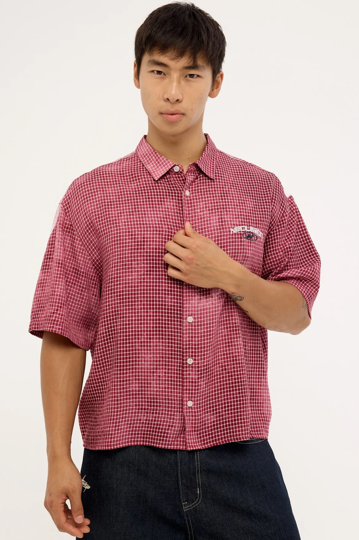 Distortion Oversize Cropped Shirt Washed Red/White Check