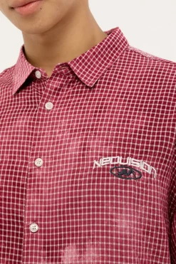 Distortion Oversize Cropped Shirt Washed Red/White Check