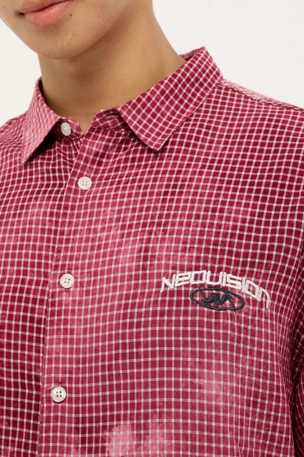 Distortion Oversize Cropped Shirt Washed Red/White Check