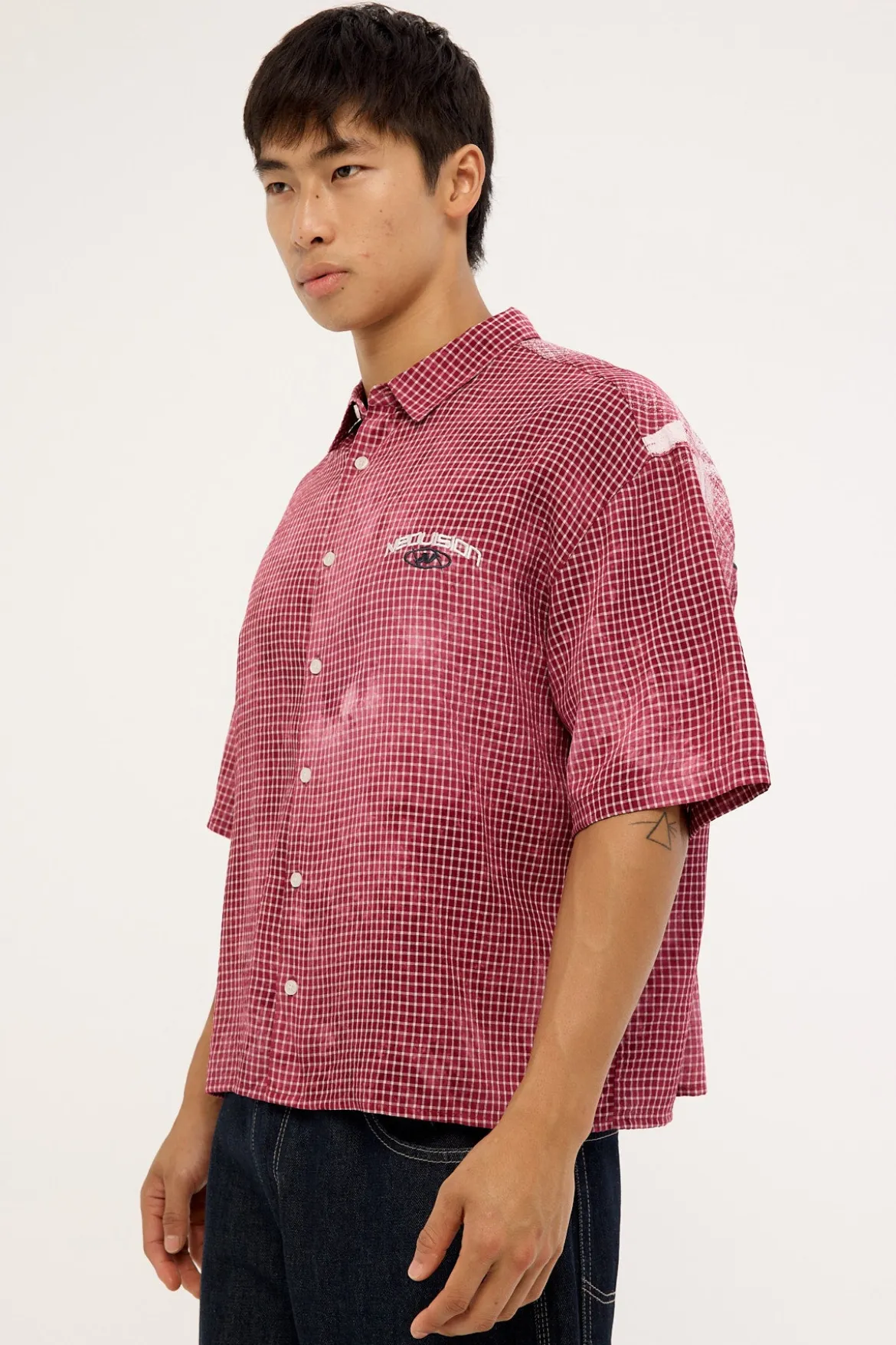 Distortion Oversize Cropped Shirt Washed Red/White Check