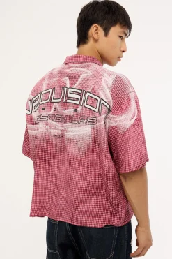 Distortion Oversize Cropped Shirt Washed Red/White Check