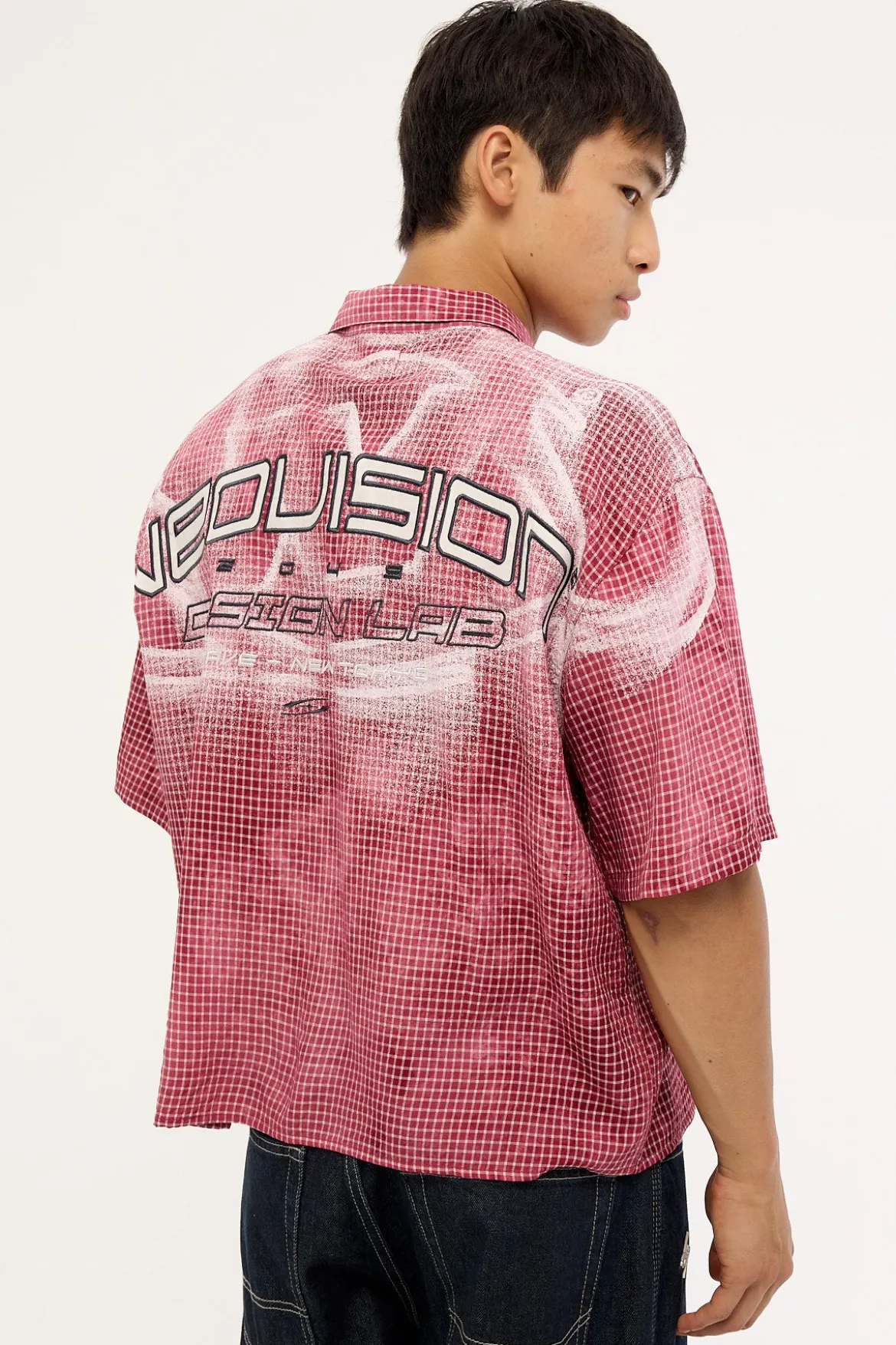 Distortion Oversize Cropped Shirt Washed Red/White Check