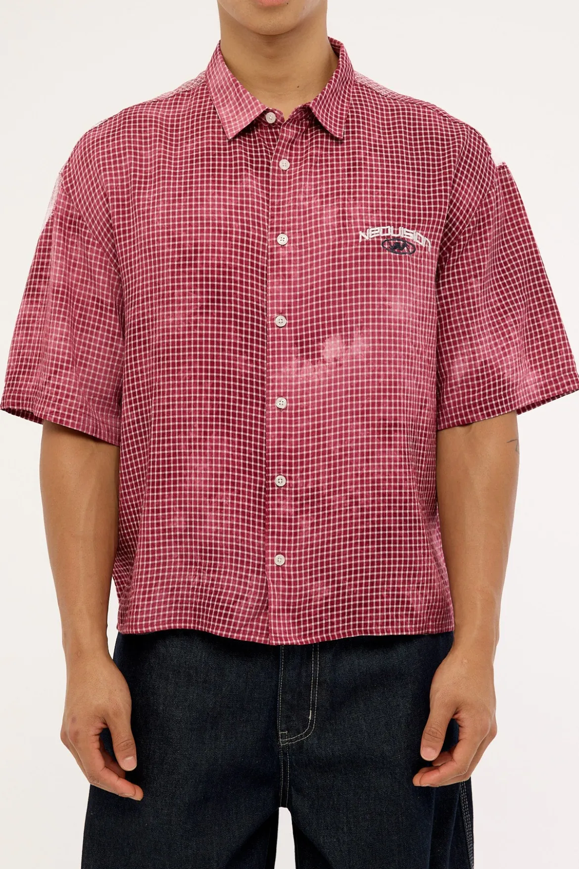 Distortion Oversize Cropped Shirt Washed Red/White Check