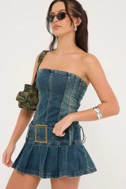Divinity Strapless Washed Denim Dress Mid Blue Denim