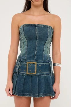 Divinity Strapless Washed Denim Dress Mid Blue Denim