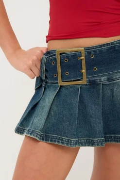 Divinity Washed Denim Pleated Skirt Washed Denim
