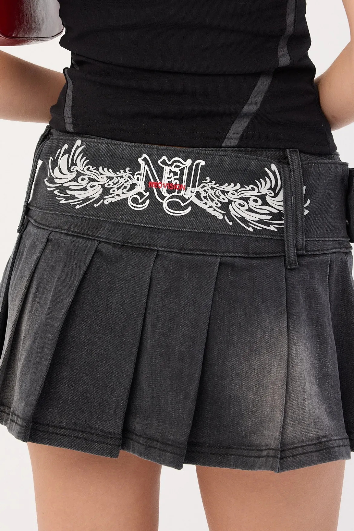 Divinity Washed Denim Pleated Skirt Washed Black