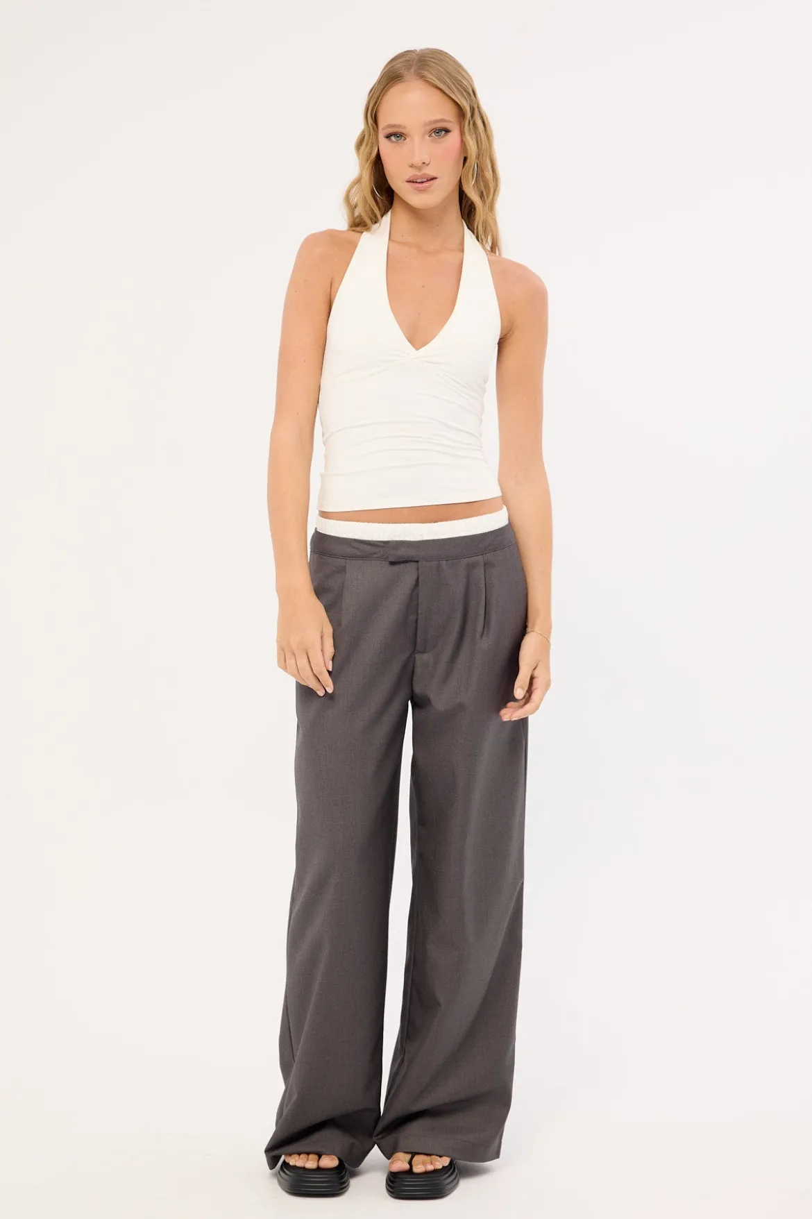 Double Waistband Straight Leg Pant Grey