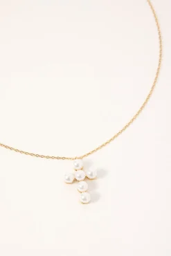 Elaine Cross Pearl Necklace Gold