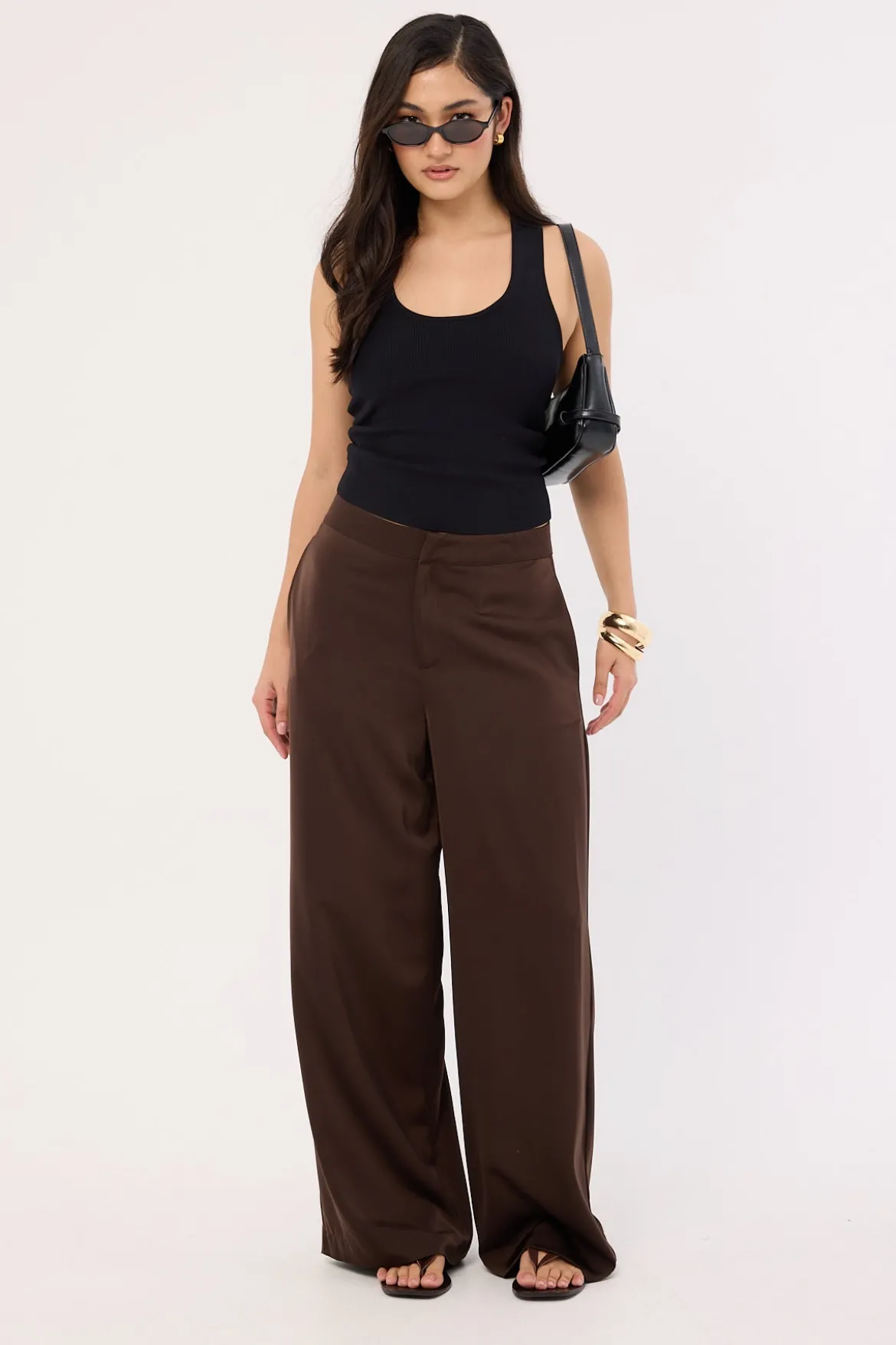 Ellie Satin Mid Rise Pants Brown