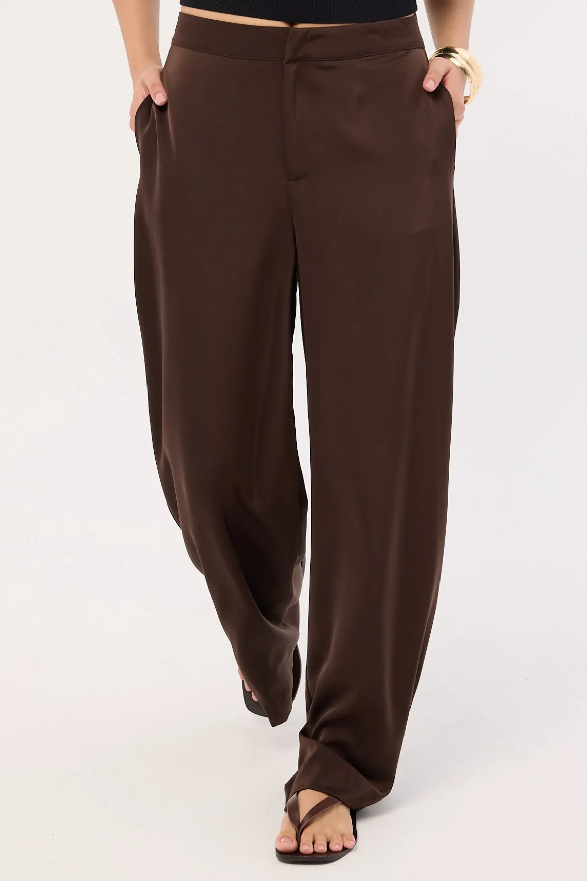 Ellie Satin Mid Rise Pants Brown