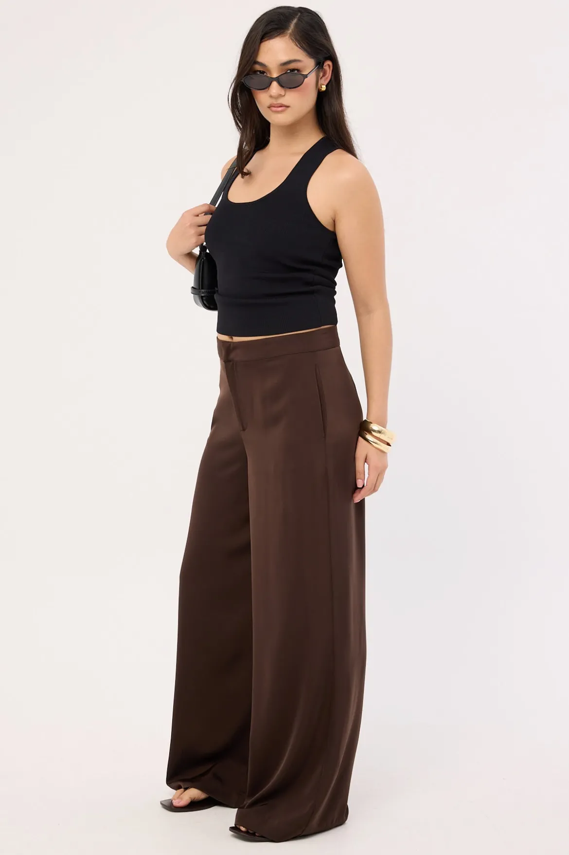 Ellie Satin Mid Rise Pants Brown
