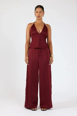 Ellie Satin Mid Rise Tailored Pants Burgundy