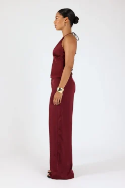 Ellie Satin Mid Rise Tailored Pants Burgundy