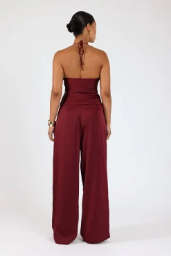 Ellie Satin Mid Rise Tailored Pants Burgundy