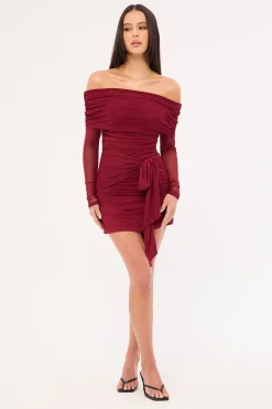 Elyse Off Shoulder Long Sleeve Mini Dress Burgundy