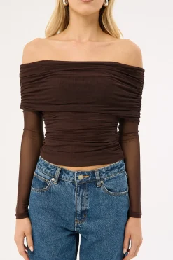 Elyse Off Shoulder Long Sleeve Top Brown