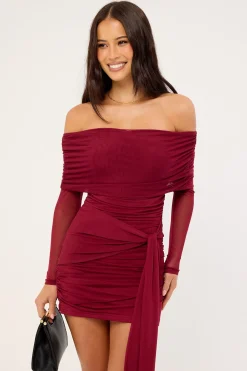 Elyse Off Shoulder Recycle Long Sleeve Mini Dress Burgundy