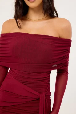 Elyse Off Shoulder Recycle Long Sleeve Mini Dress Burgundy