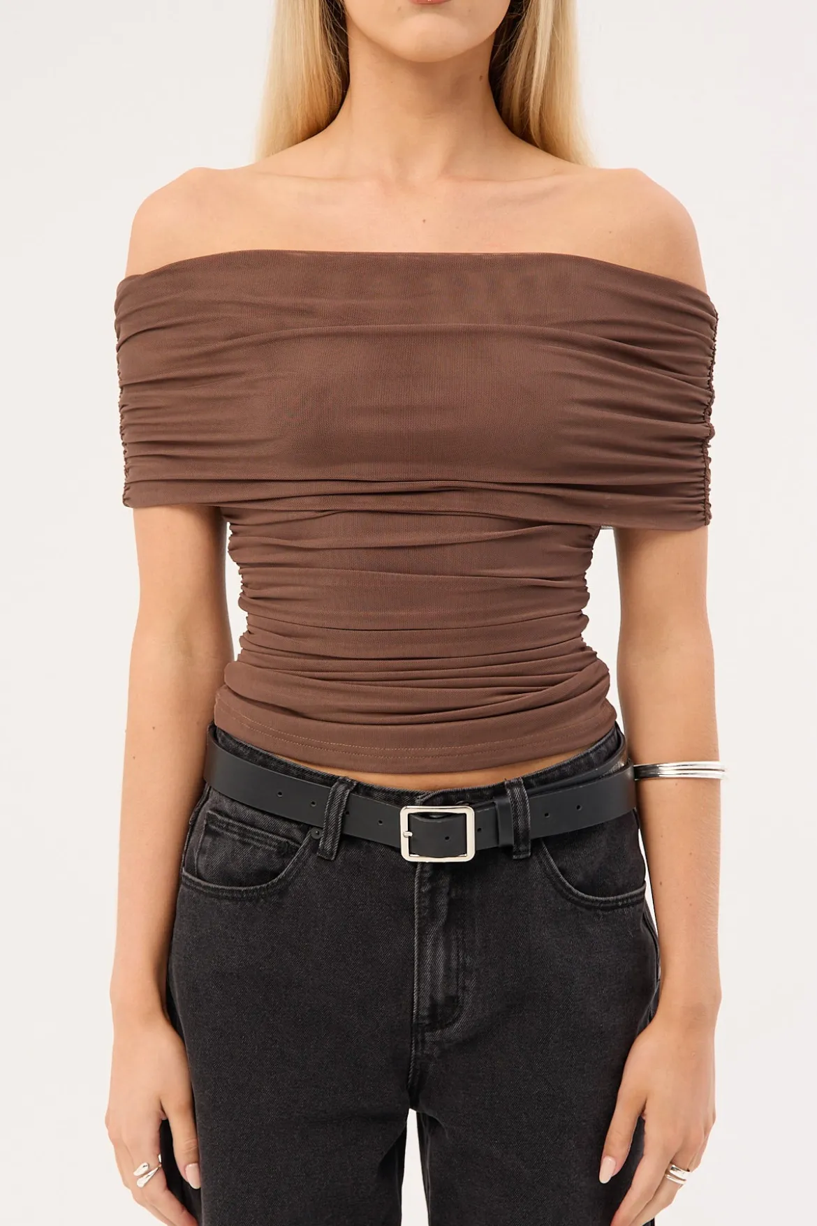 Elyse Off Shoulder Sleeveless Top Taupe