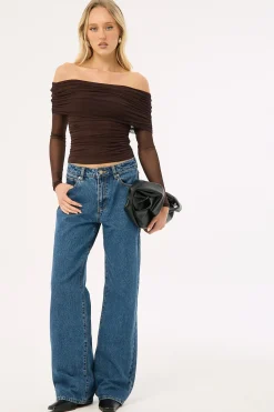 Elyse Recycled Off Shoulder Long Sleeve Top Brown