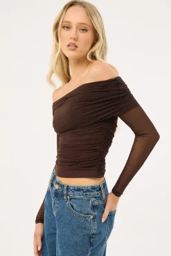 Elyse Recycled Off Shoulder Long Sleeve Top Brown