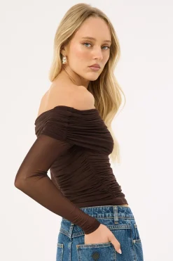 Elyse Recycled Off Shoulder Long Sleeve Top Brown