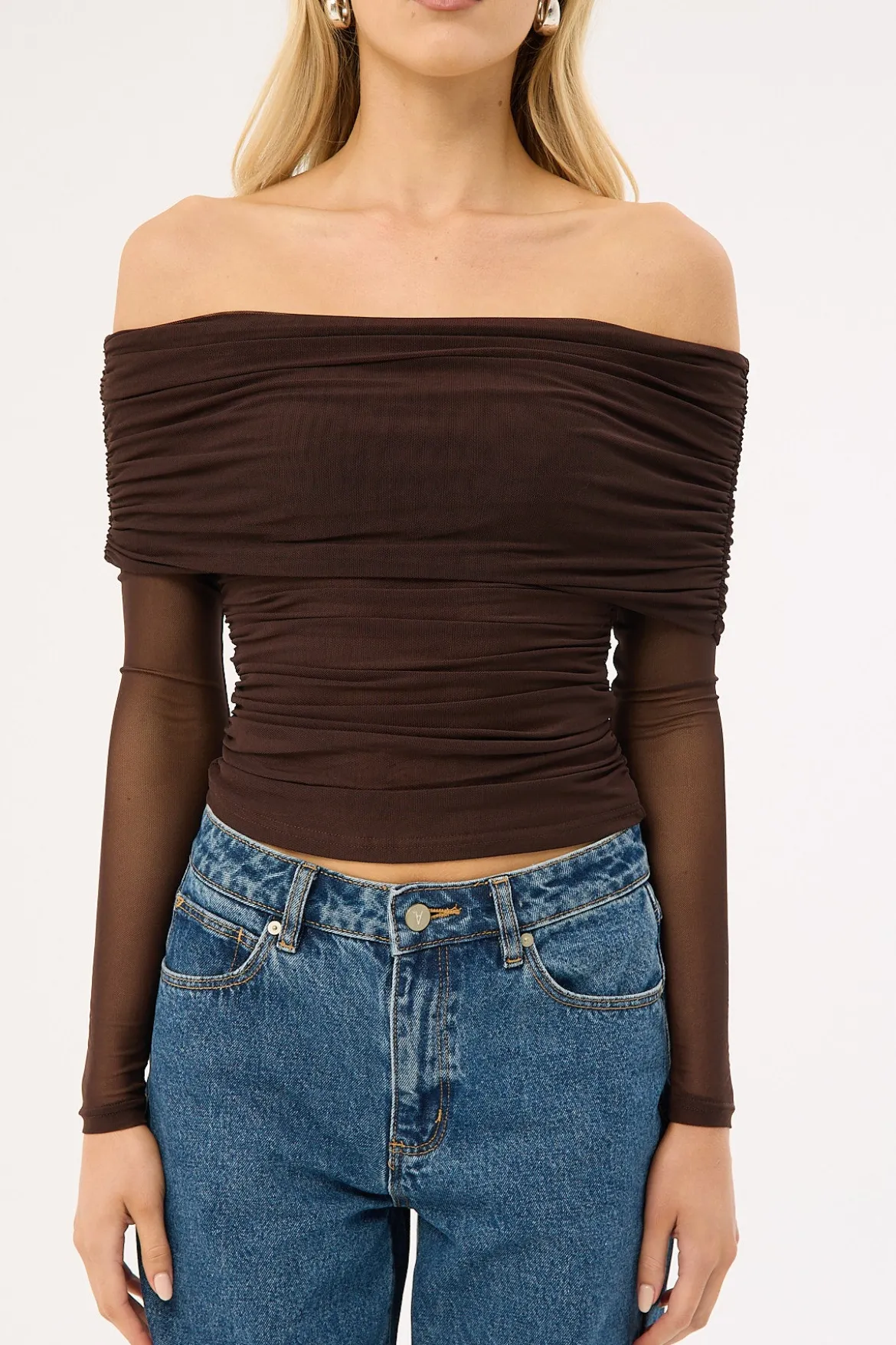 Elyse Recycled Off Shoulder Long Sleeve Top Brown