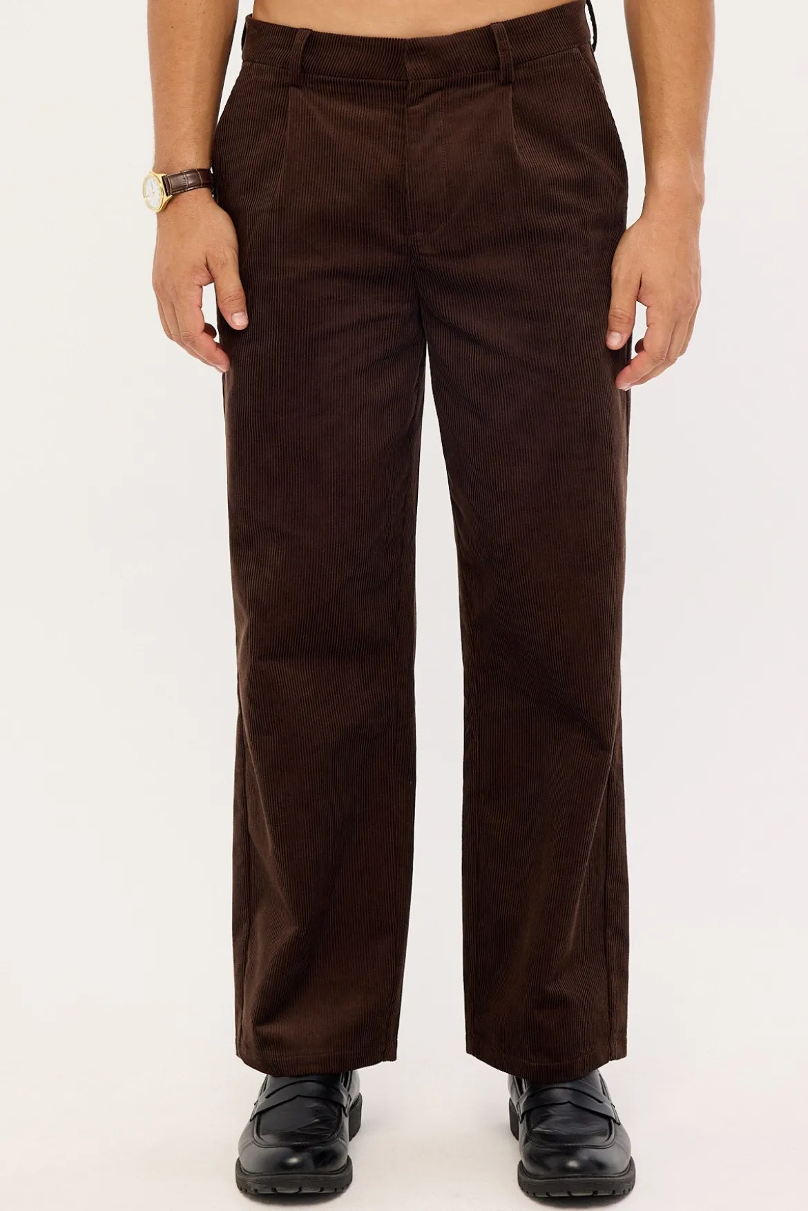 Emmett Pleated Cord Trouser Dark Brown