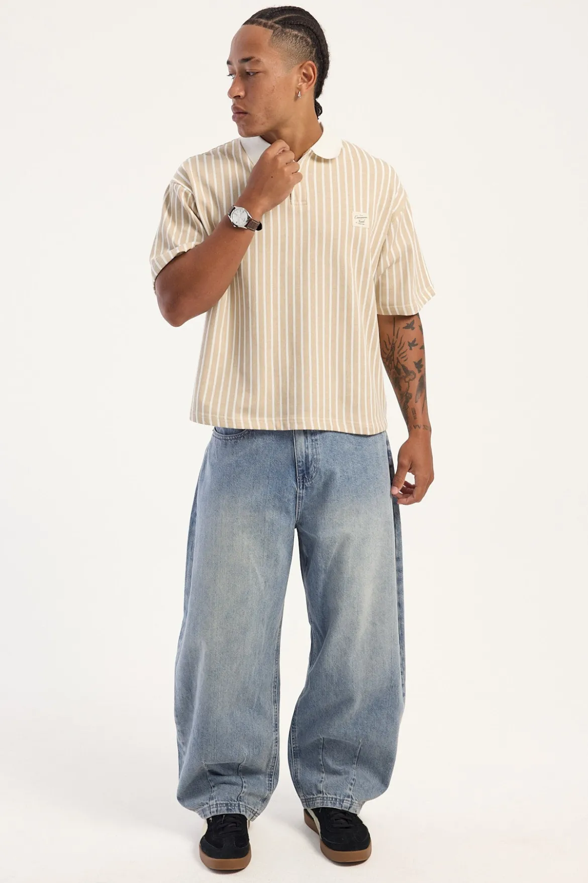 Eton Boxy Cropped Polo Tan Stripe