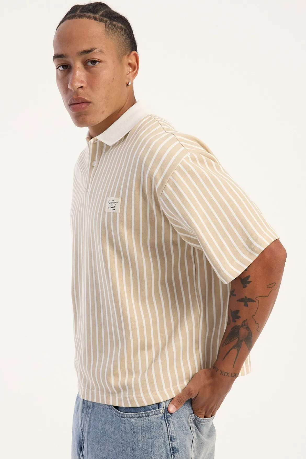 Eton Boxy Cropped Polo Tan Stripe