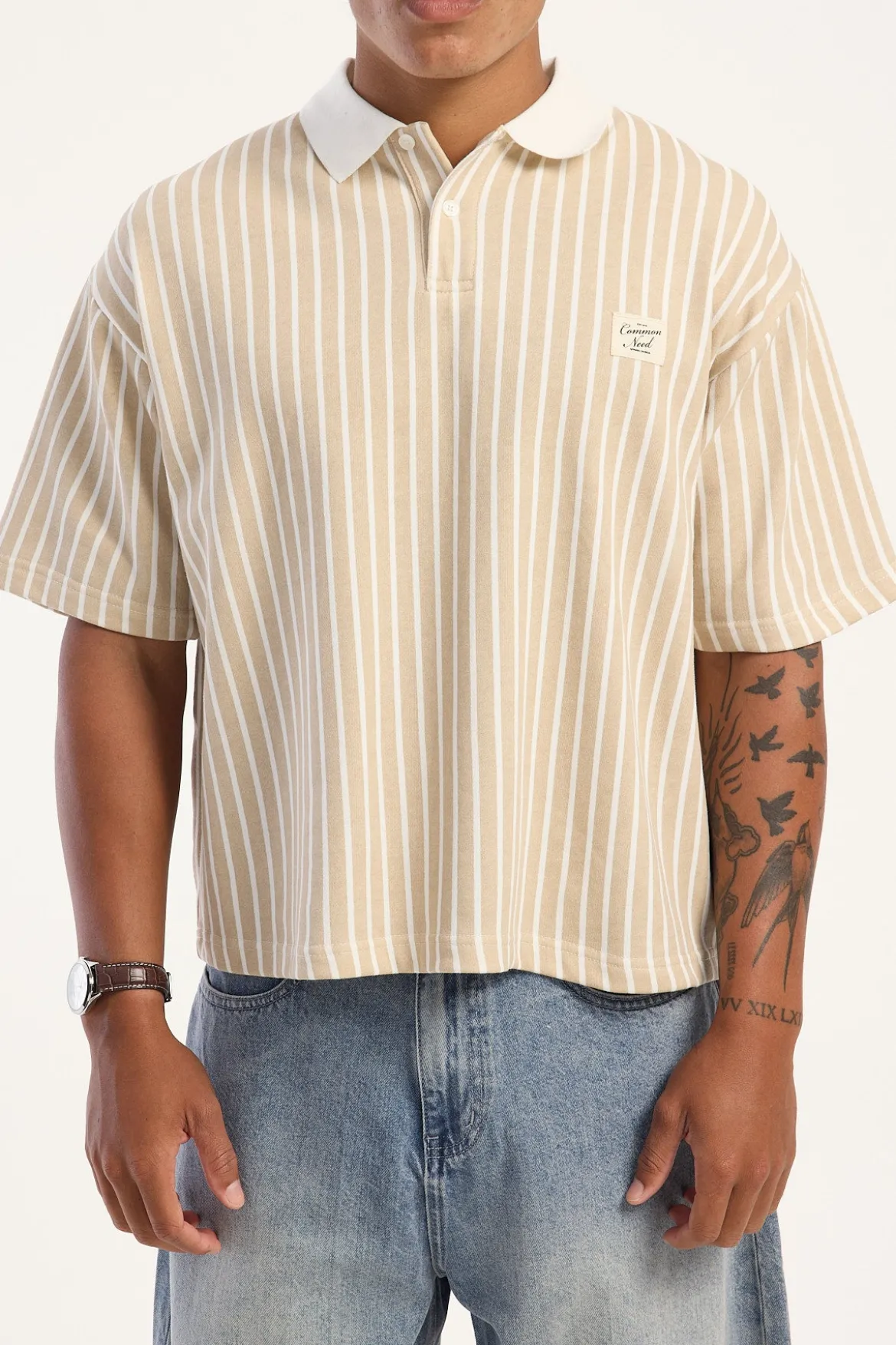 Eton Boxy Cropped Polo Tan Stripe